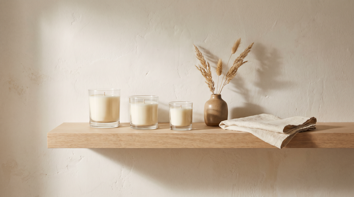 Three unlit JARE soy candles on a pale oak shelf in soft daylight