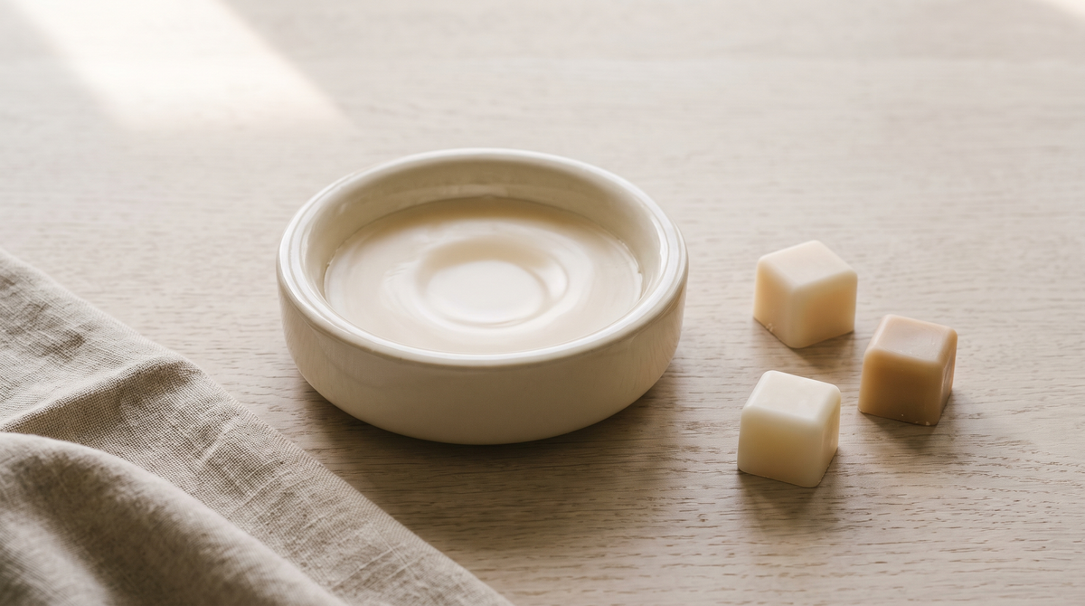 Melted wax in a warmer dish beside unused wax melt cubes on pale oak