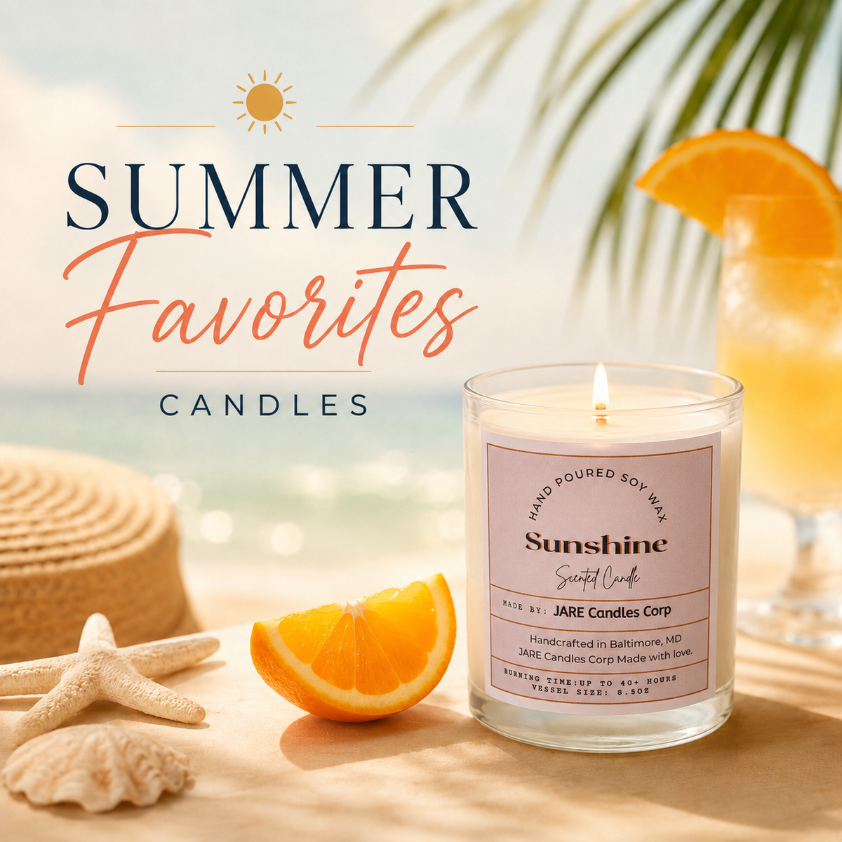 Summer Favorites collection — Sunshine, Chablis, Amalfi, and Colada JARE candles