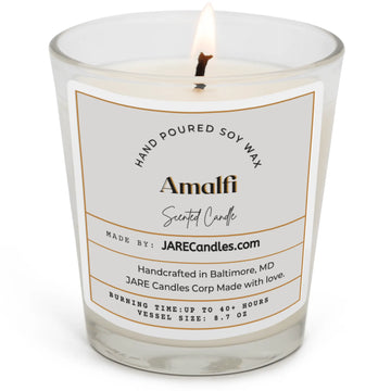 Amalfi soy wax scented candle by JARE Candles, coast citrus basil fragrance, 3.4oz tin product shot
