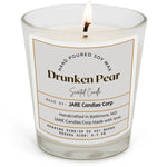 Drunken Pear soy wax candle in glass jar by JARE Candles Corp, rich brandy and cinnamon stick fragrance
