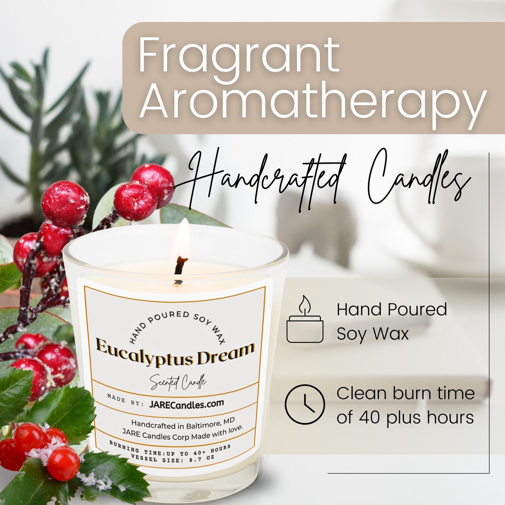 Eucalyptus Dream - Fresh Eucalyptus, Zesty Lime - Soy Wax Scented Candle - JARE CANDLES