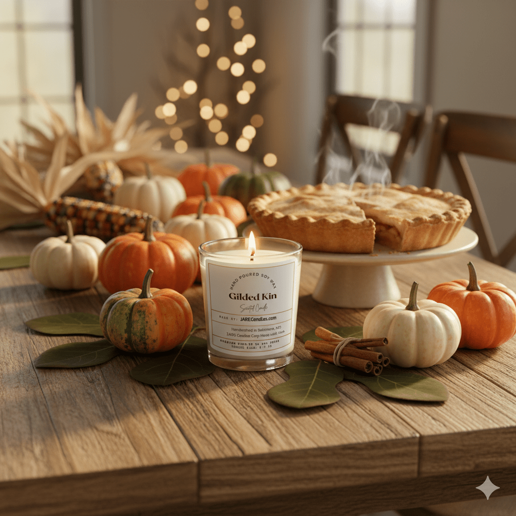 Gilded Kin - Sweet Caramel, Warm Pumpkin, Spiced Cream - Soy Wax Scented Candle - JARE CANDLES