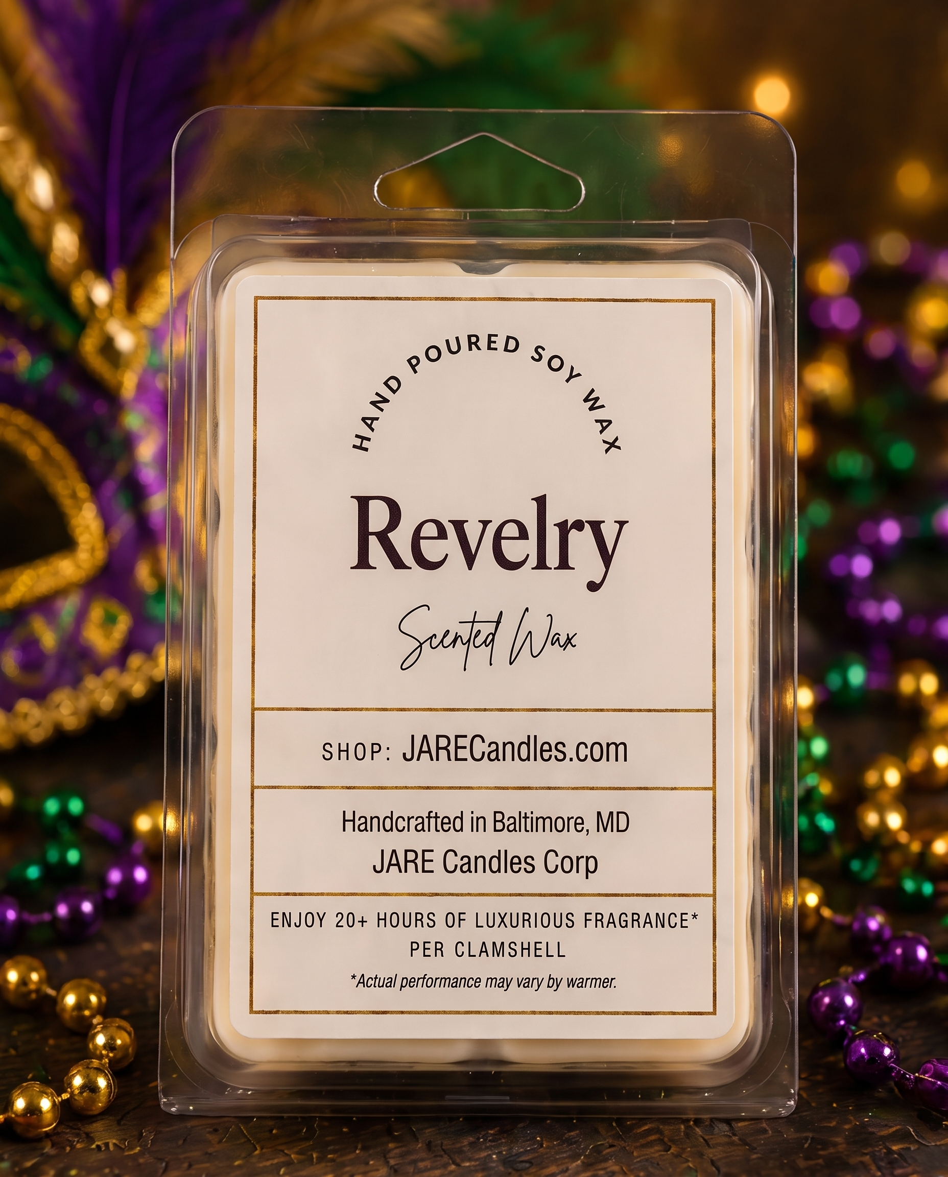Revelry scented wax melts clamshell with Mardi Gras beads and feathered mask