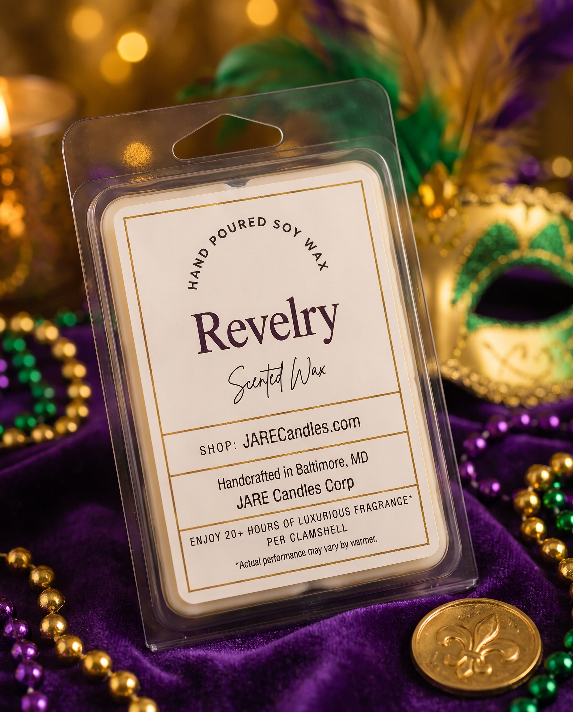 Revelry wax melts clamshell on purple velvet with gold and green beads
