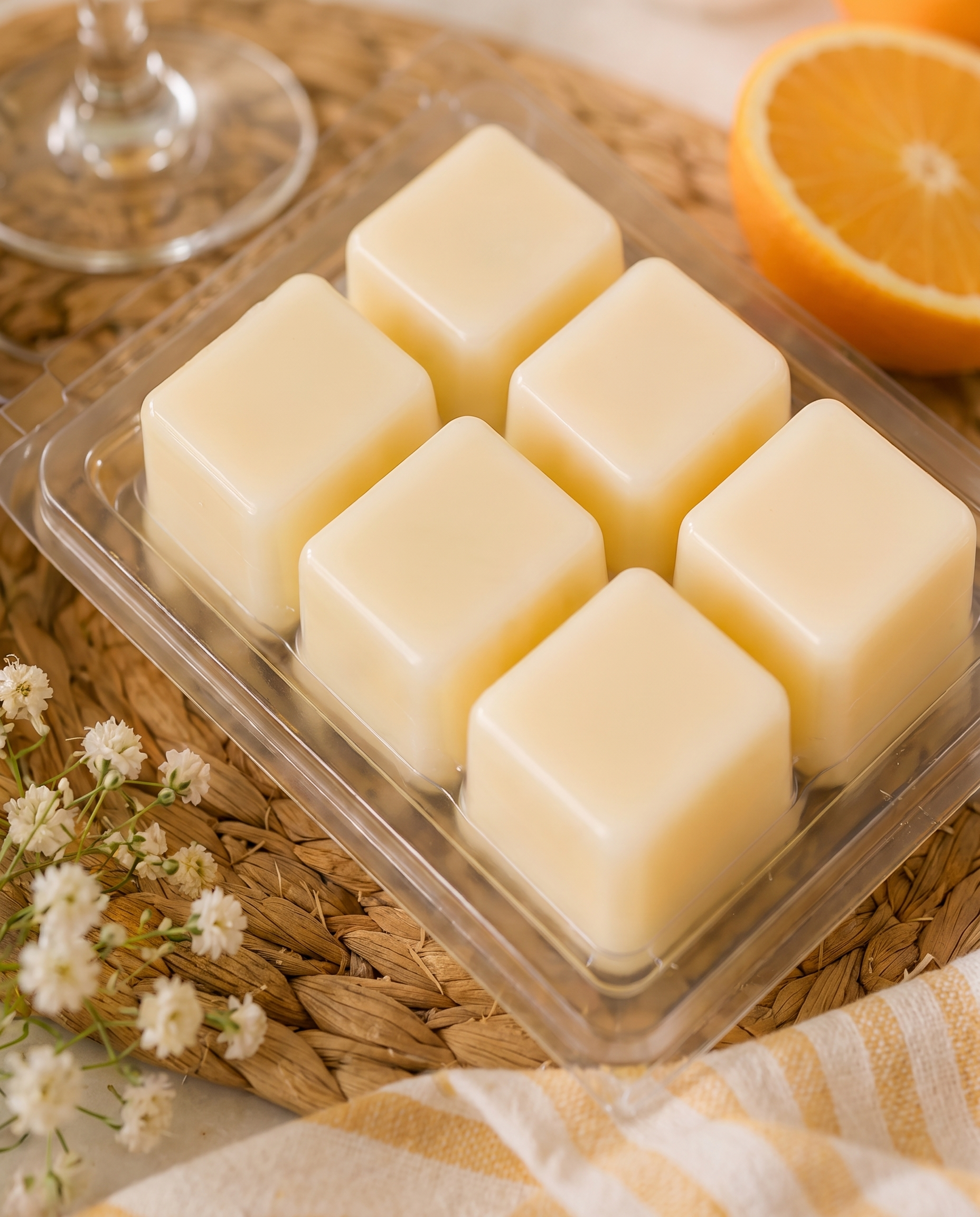 Six cream soy wax cubes in an open Sunday Brunch clamshell on a woven mat