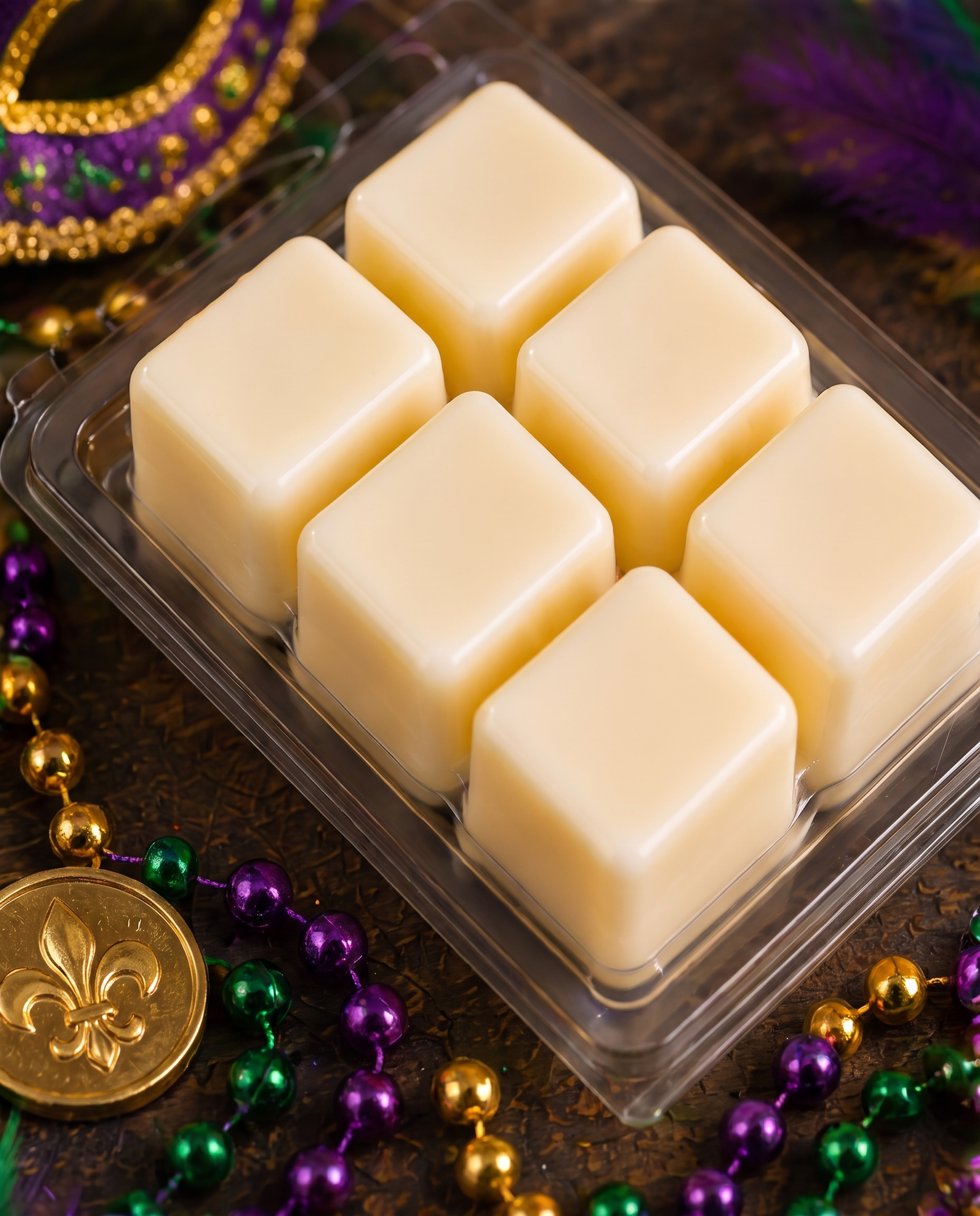 Six cream soy wax cubes in an open Revelry clamshell with Mardi Gras beads