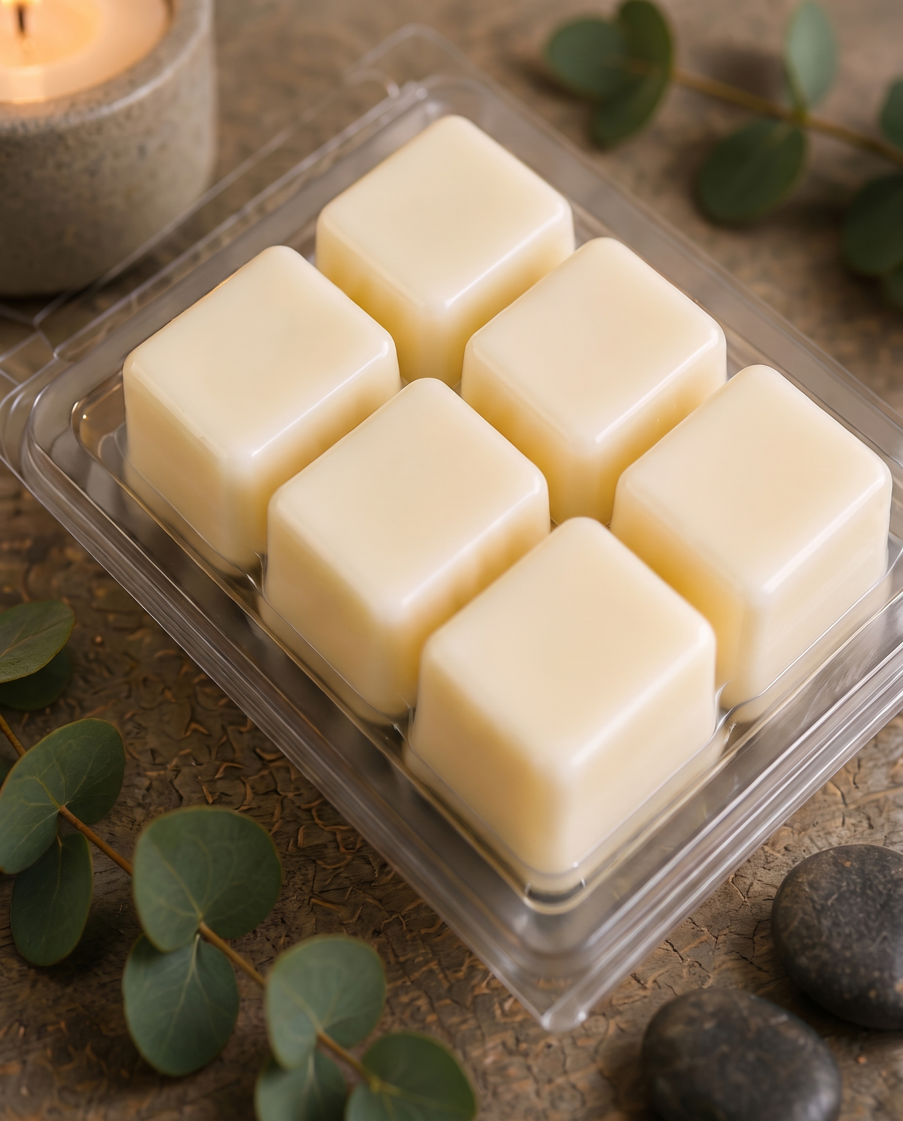Six cream soy wax cubes in an open Retreat clamshell with eucalyptus sprigs