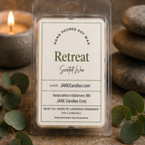 Retreat wax melts clamshell with stacked river stones and eucalyptus branches