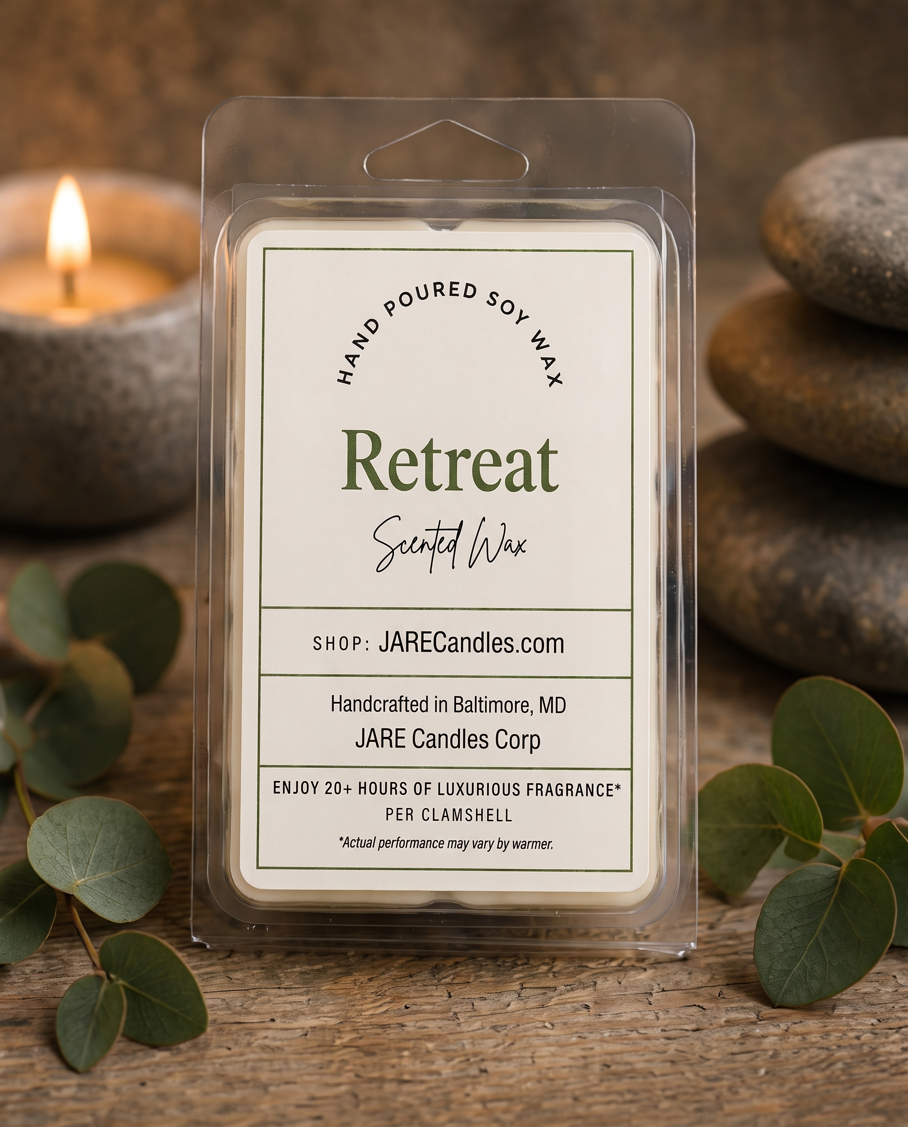 Retreat wax melts clamshell with stacked river stones and eucalyptus branches