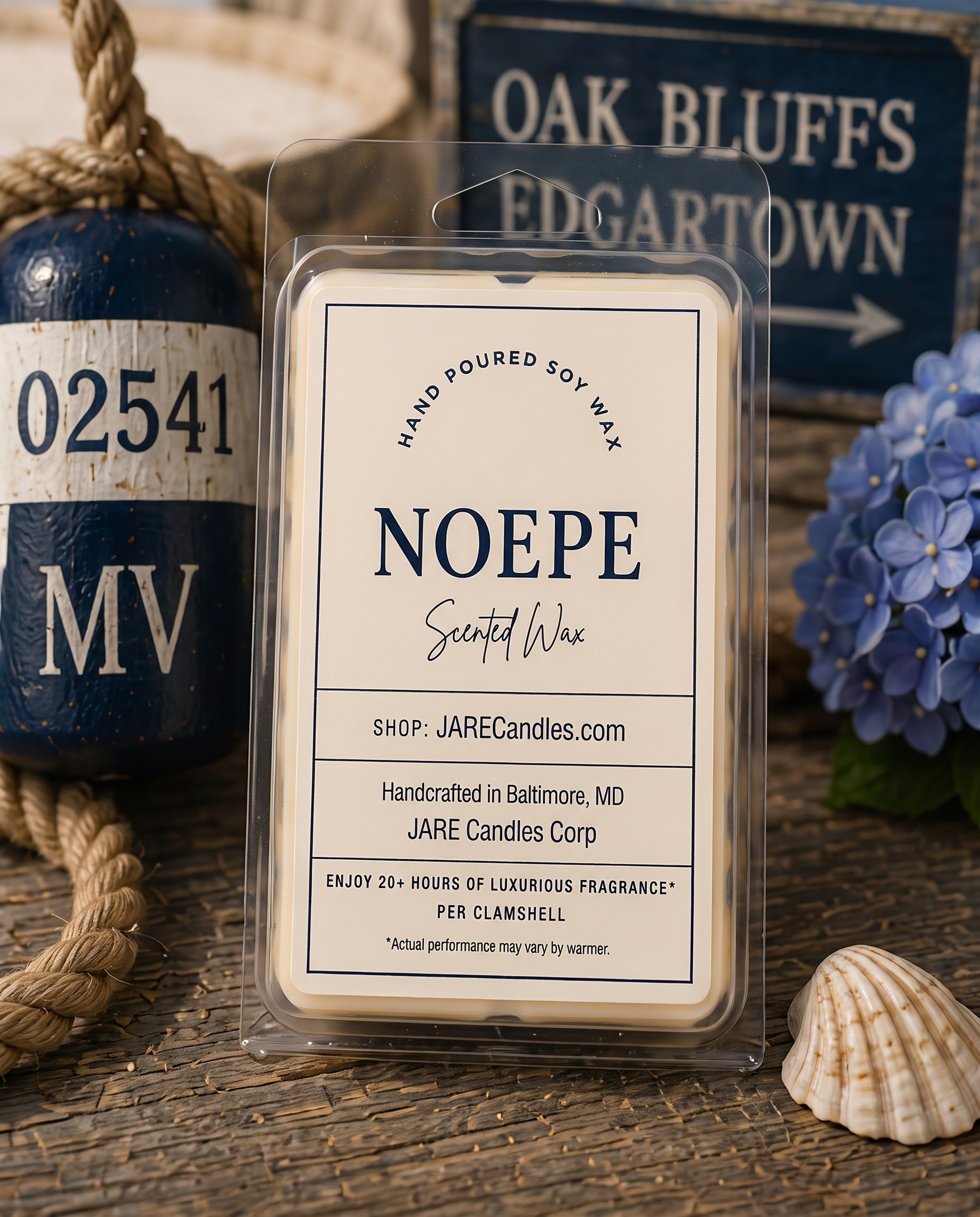 Noepe wax melts clamshell with a Martha's Vineyard buoy and Oak Bluffs sign