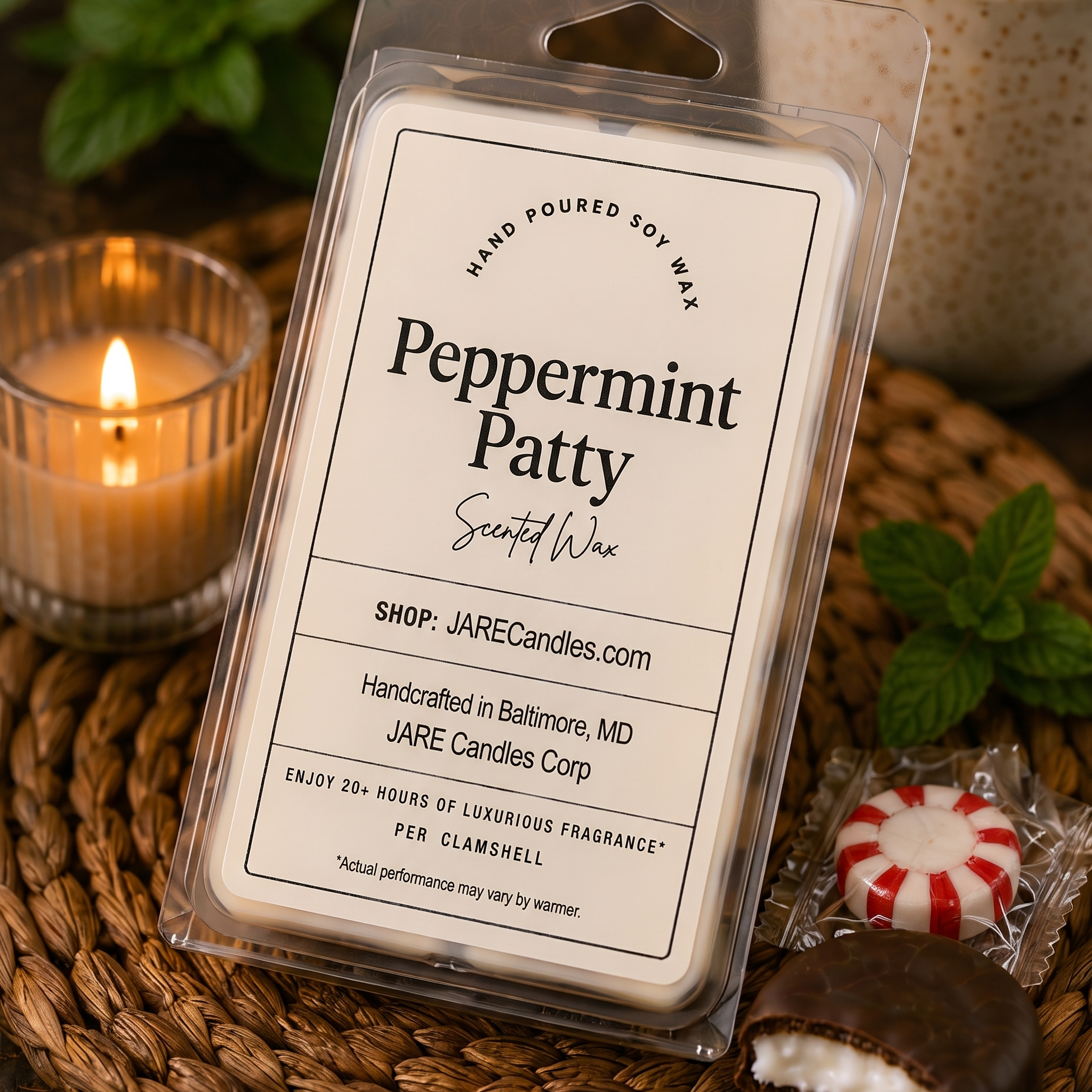 Peppermint Patty scented wax melts clamshell with coffee, fresh mint and peppermint candy