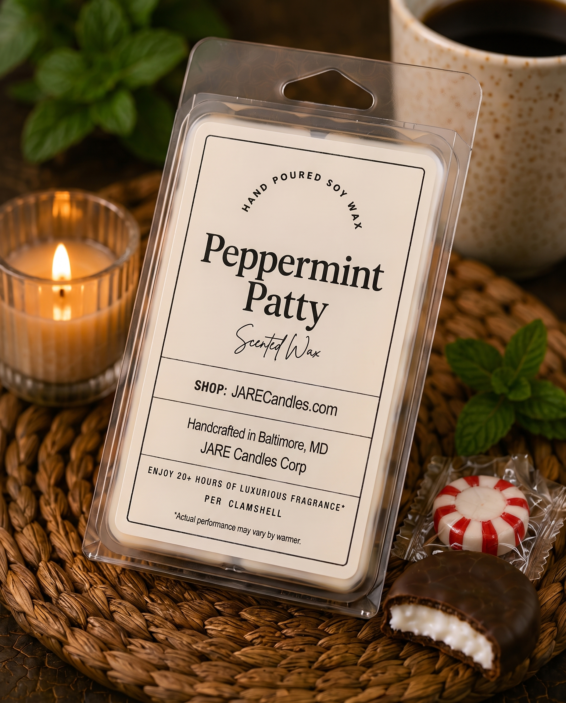 Peppermint Patty scented wax melts clamshell with coffee, fresh mint and peppermint candy