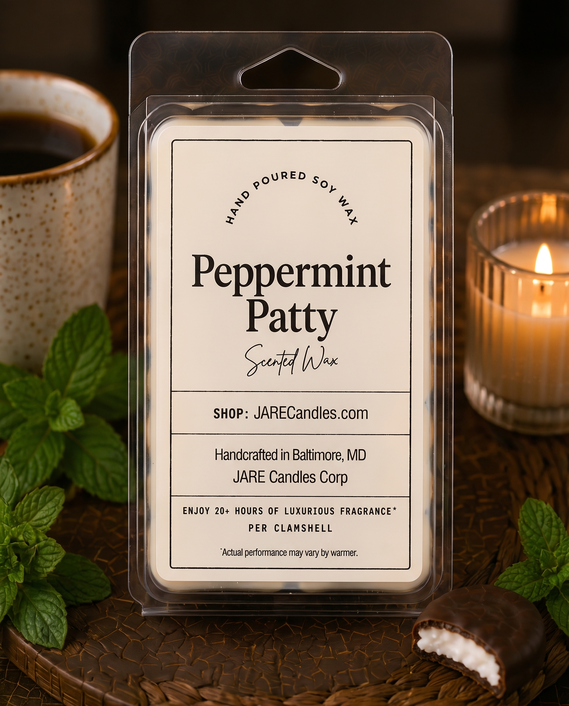 Peppermint Patty wax melts clamshell beside a chocolate peppermint patty and candlelight