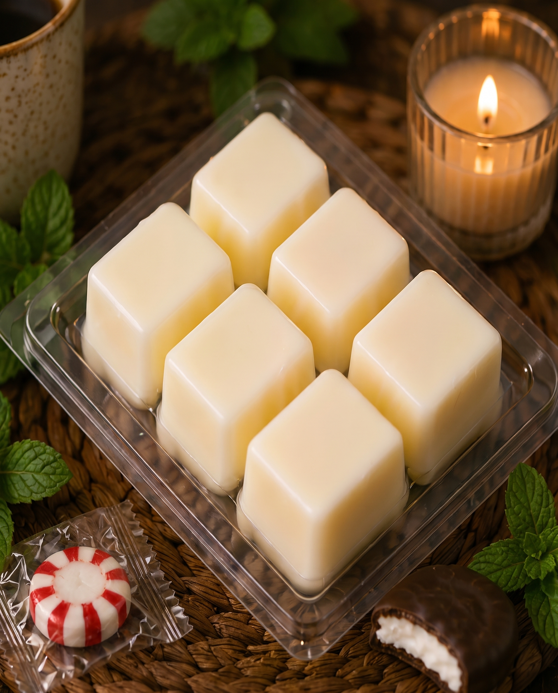 Six cream soy wax cubes in an open Peppermint Patty clamshell with mint and candy
