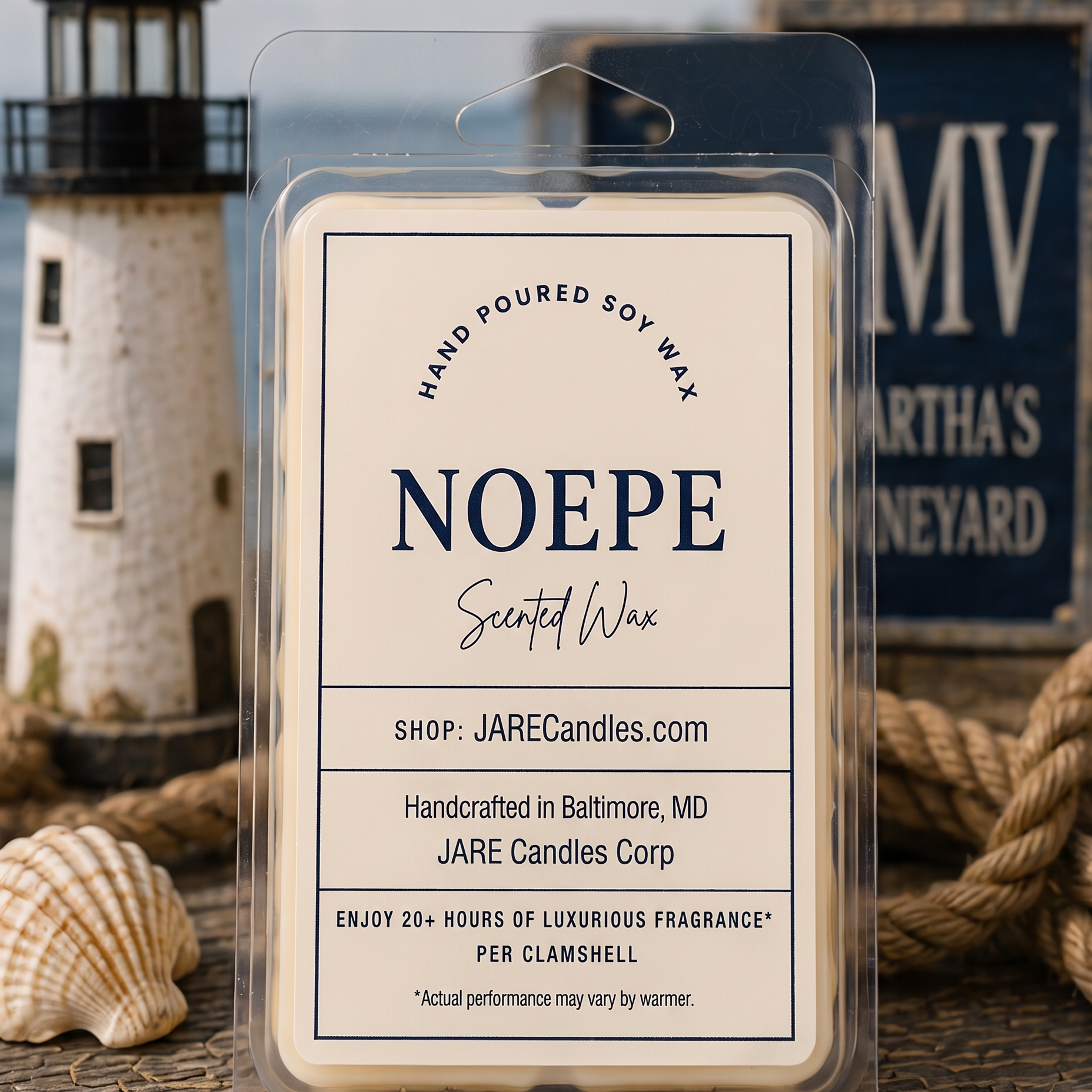 Noepe scented wax melts clamshell on a dock with lighthouse, rope and seashells