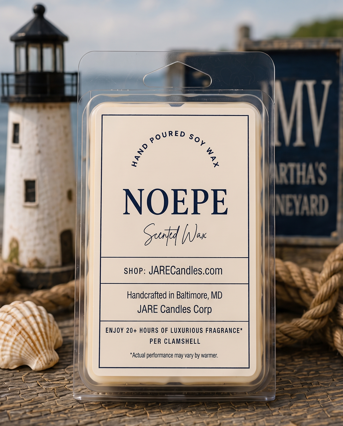 Noepe scented wax melts clamshell on a dock with lighthouse, rope and seashells