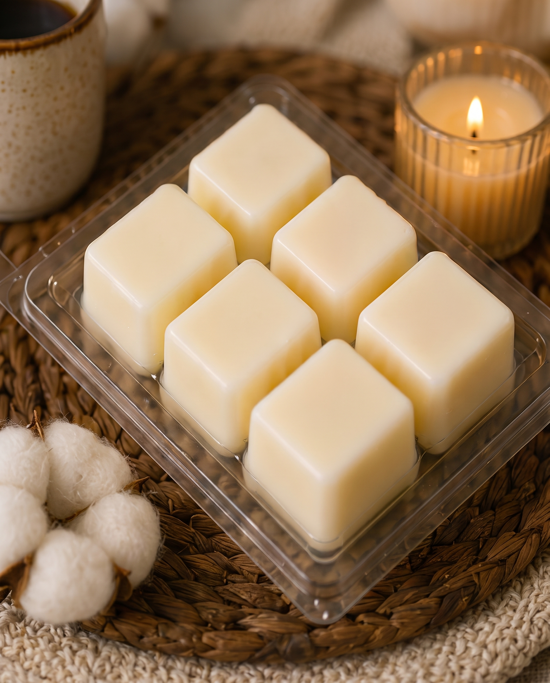 Six cream soy wax cubes in an open Like Home clamshell with cotton bolls