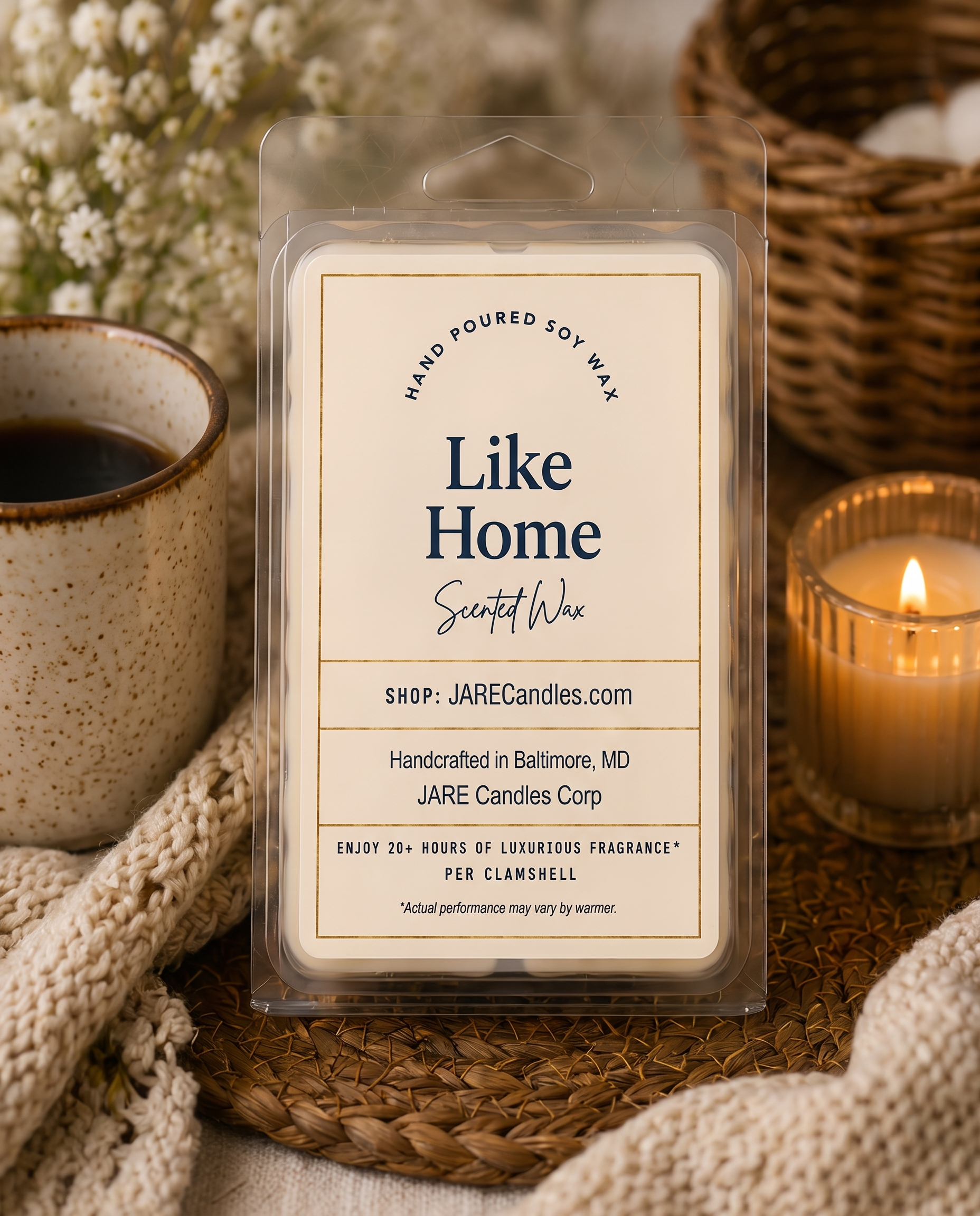 Like Home scented wax melts clamshell on a knit blanket with a mug and lit candle