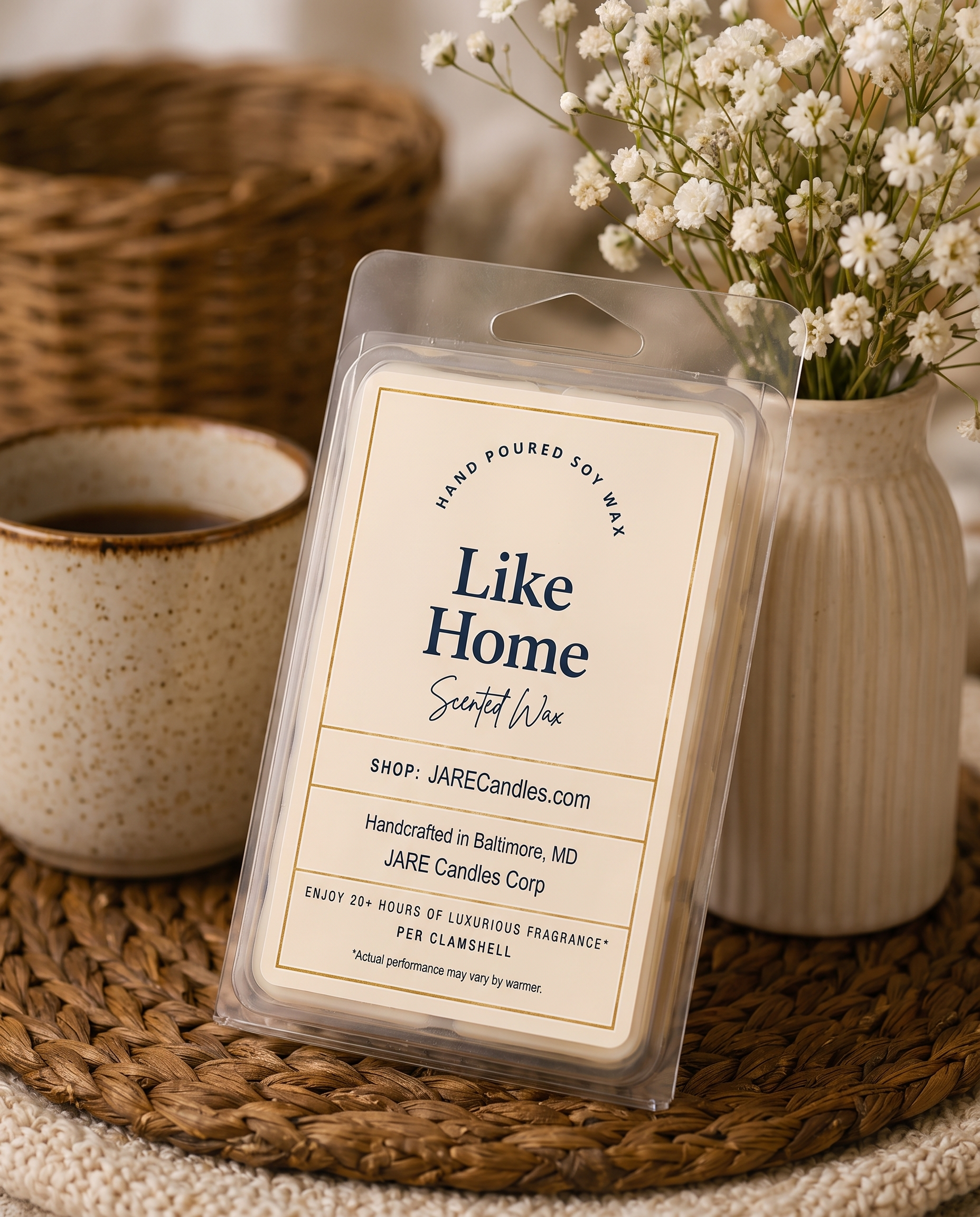 Like Home wax melts clamshell on a woven placemat with baby's breath and coffee