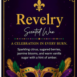 Revelry fragrance notes card: sparkling citrus, sugared berries, jasmine and warm vanilla sugar