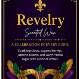 Revelry fragrance notes card: sparkling citrus, sugared berries, jasmine and warm vanilla sugar