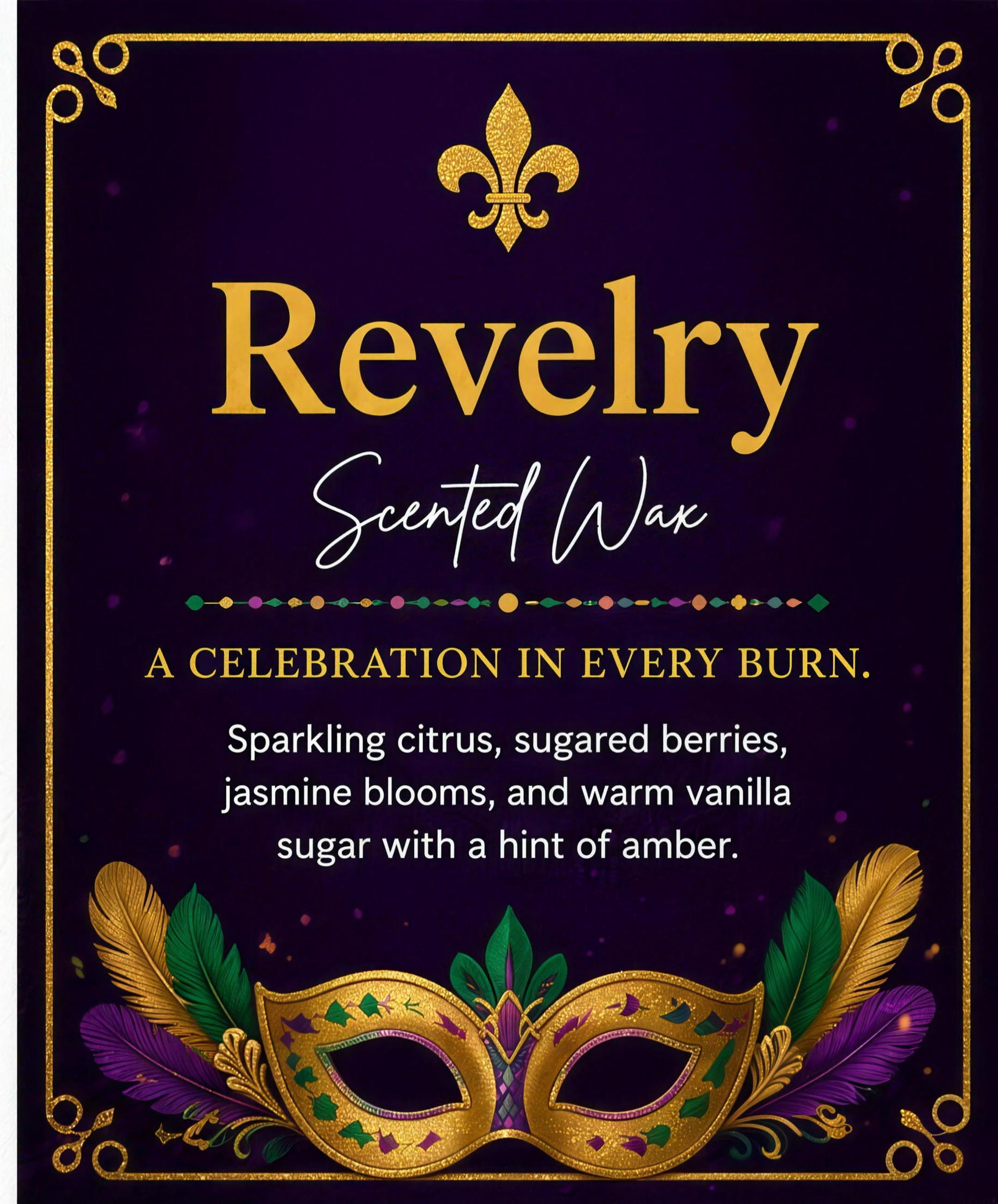 Revelry fragrance notes card: sparkling citrus, sugared berries, jasmine and warm vanilla sugar