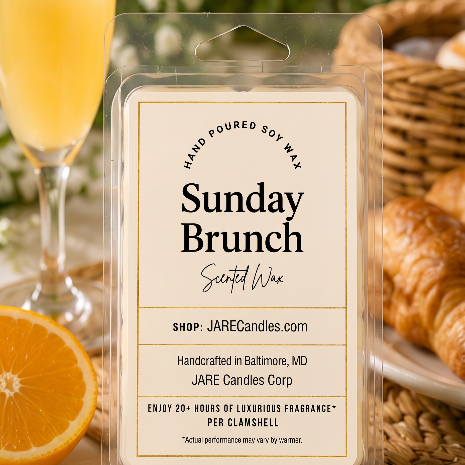 Sunday Brunch scented wax melts clamshell with mimosa, fresh orange and croissants