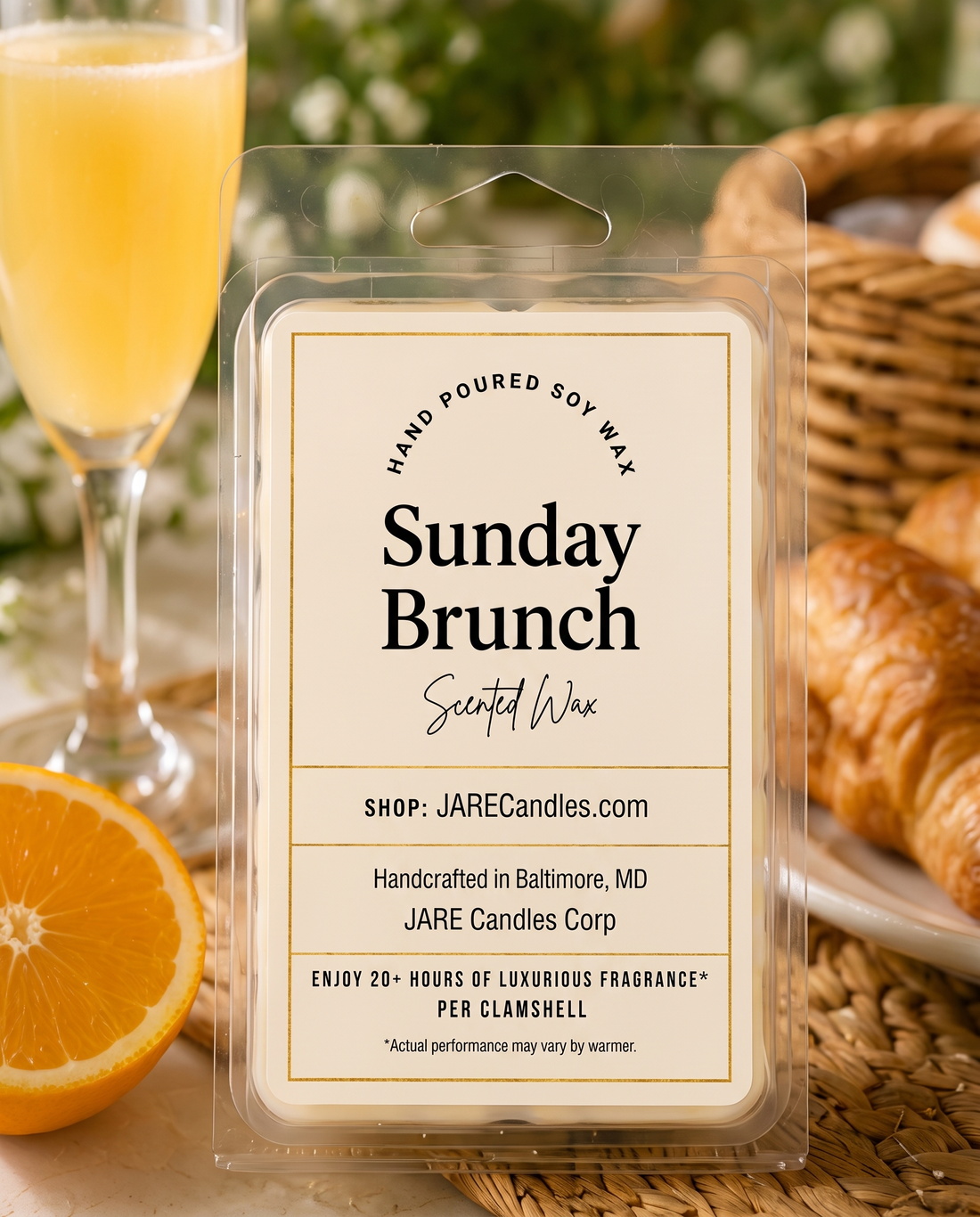 Sunday Brunch scented wax melts clamshell with mimosa, fresh orange and croissants