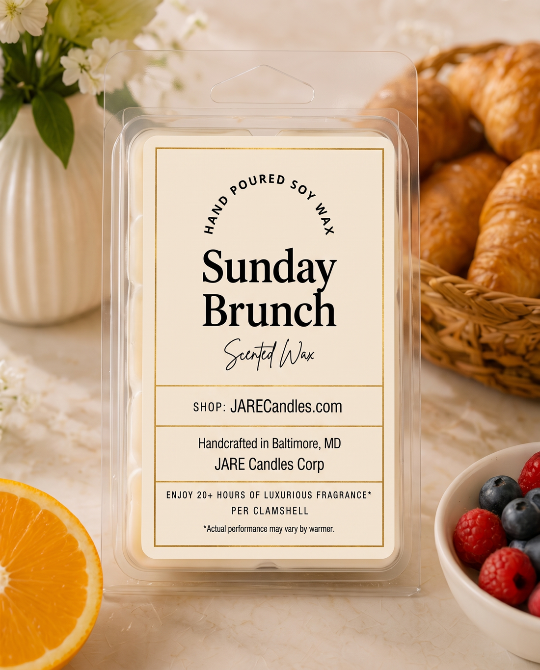 Sunday Brunch scented wax melts clamshell with mimosa, fresh orange and croissants