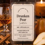 Drunken Pear scented wax melts clamshell with brandy snifter, cinnamon sticks and fresh pears