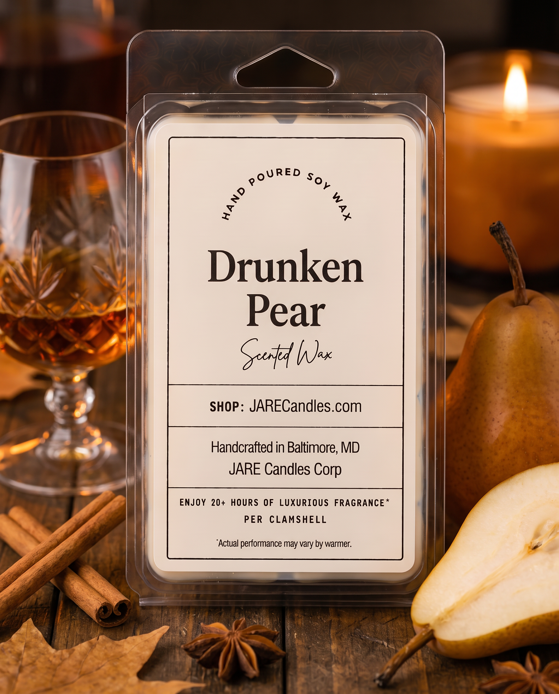 Drunken Pear scented wax melts clamshell with brandy snifter, cinnamon sticks and fresh pears