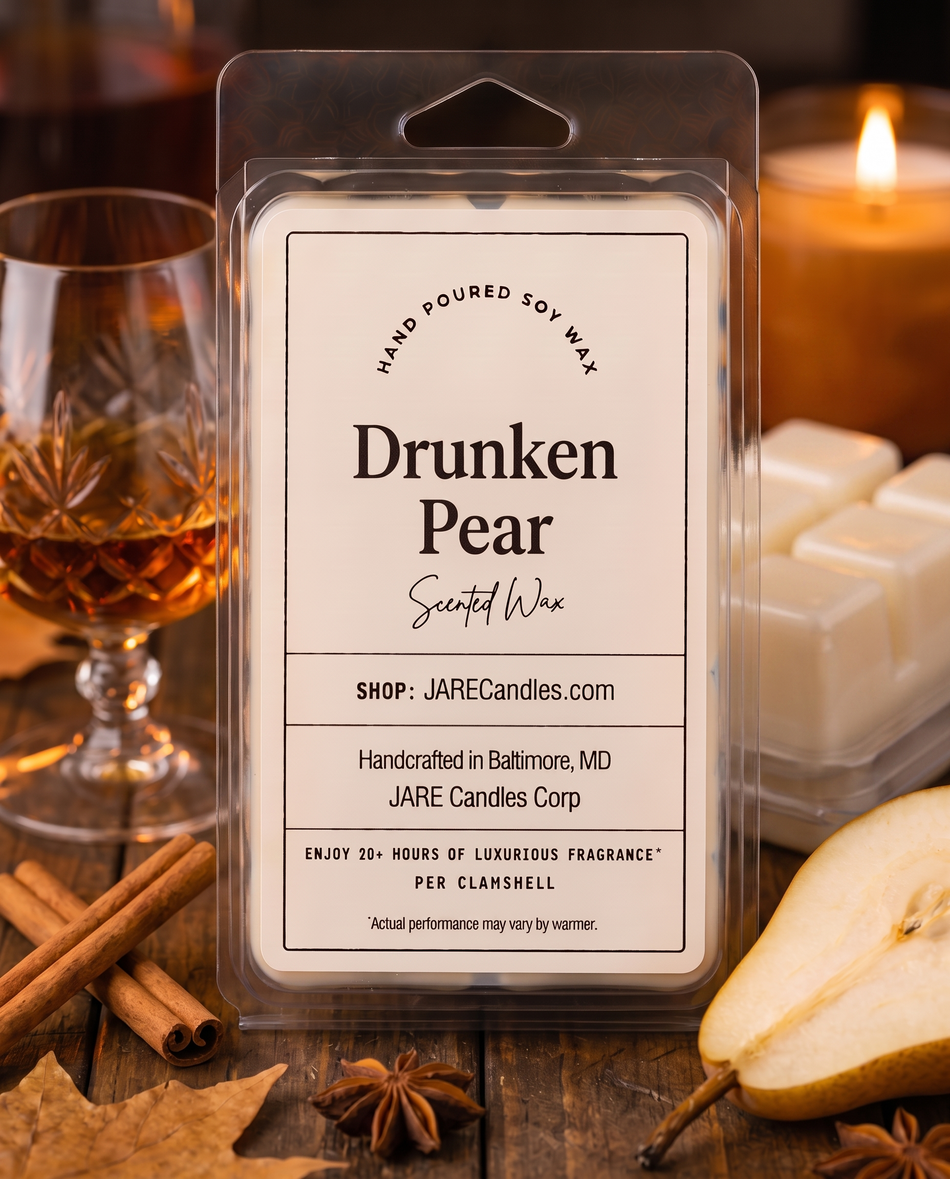 Drunken Pear wax melts clamshell with a second open pack showing the soy wax cubes