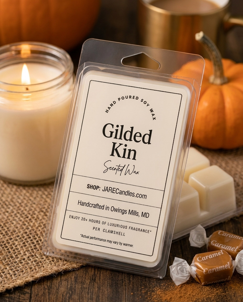 Gilded Kin scented wax melts with pumpkin and Caramel candies, hand-poured soy wax, fall styling