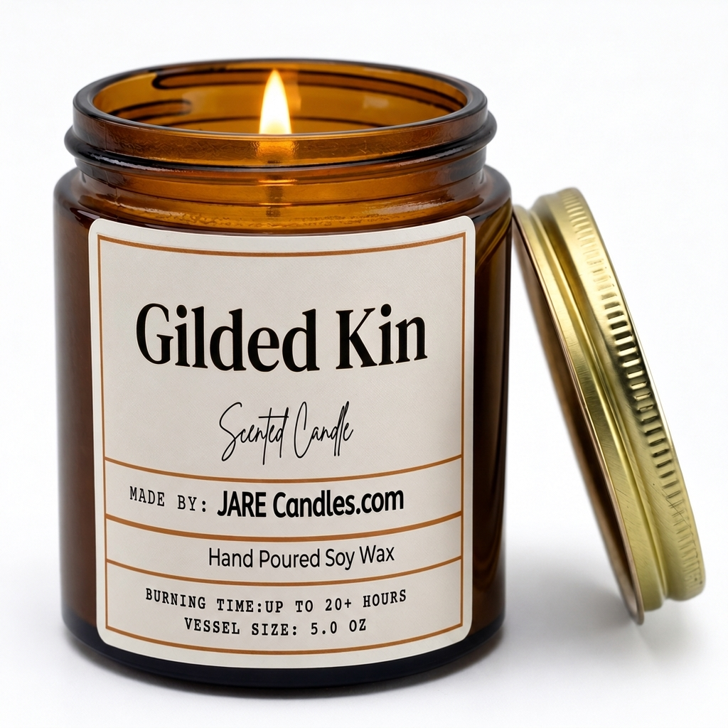 Gilded Kin 5oz amber jar candle, lit, lid resting against jar
