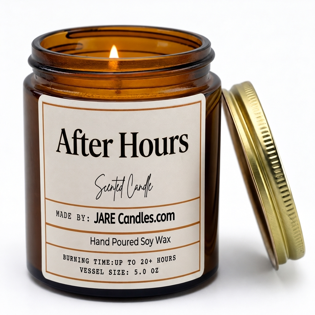 After Hours 5oz amber jar candle, lit, lid resting against jar