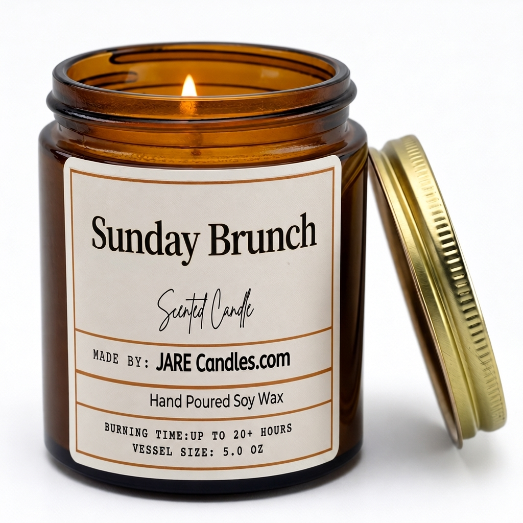 Sunday Brunch 5oz amber jar candle, lit, lid resting against jar