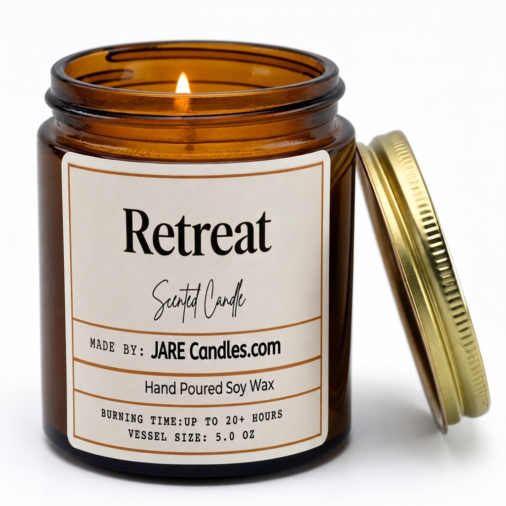 Retreat 5oz amber jar candle, lit, lid resting against jar
