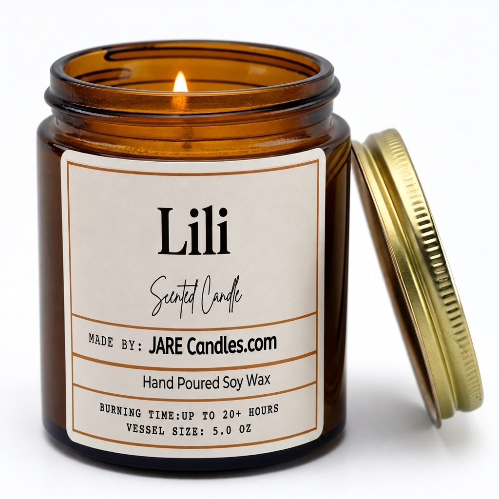 Lili 5oz amber jar candle, lit, lid resting against jar