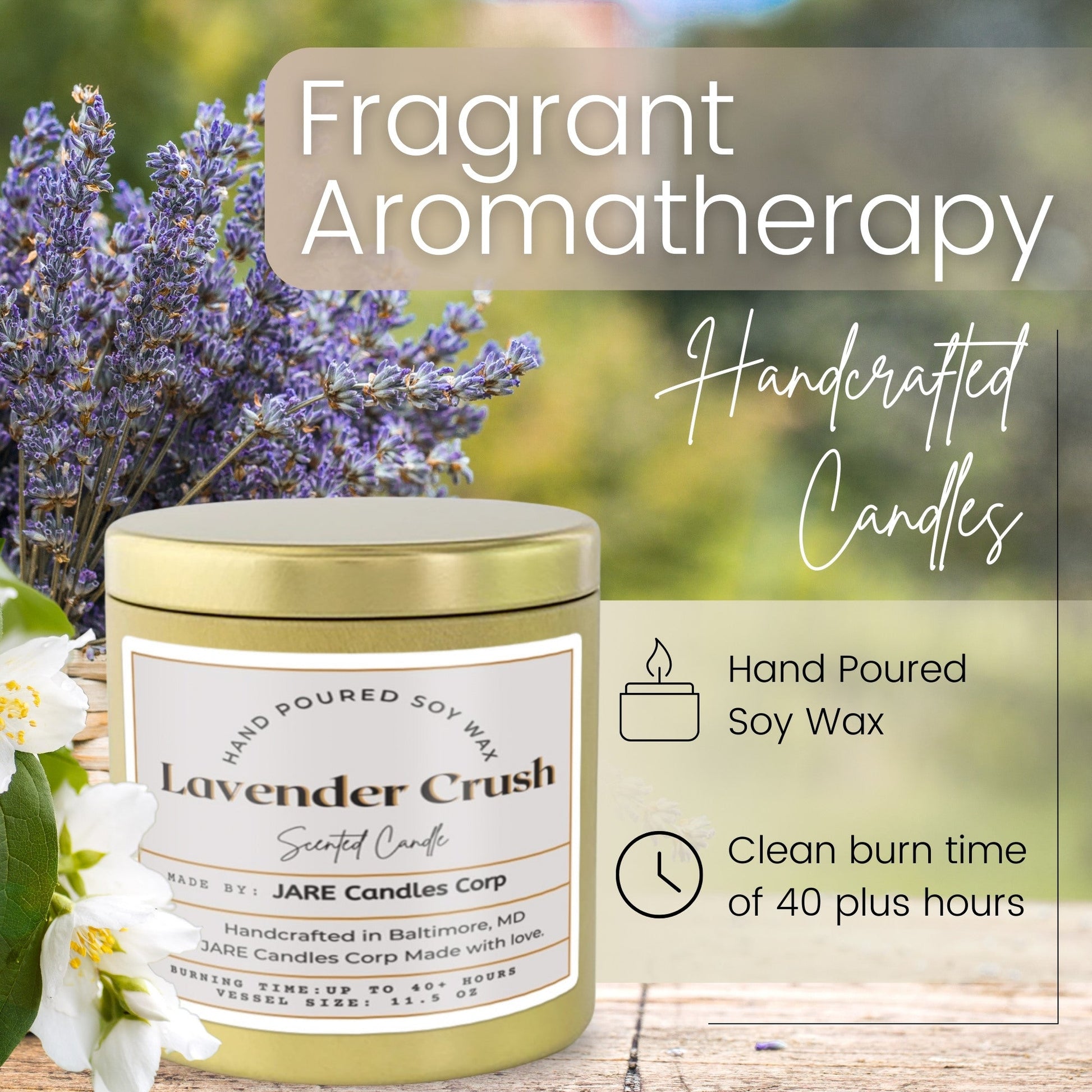 Lavender Crush Jasmine, Neroli, Banana - Soy Wax Scented Candle - JARE CANDLES