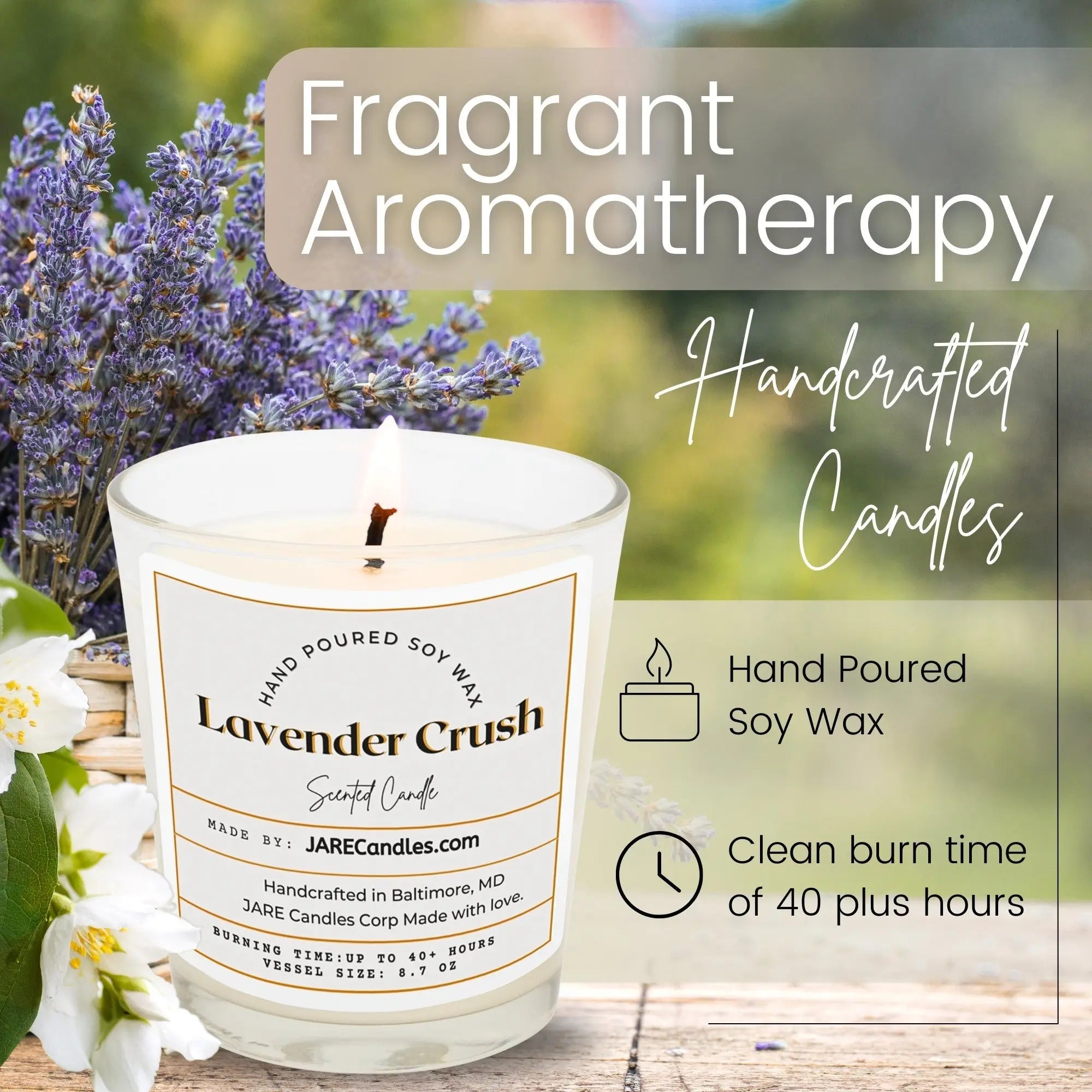 Lavender Crush hand-poured soy candle by JARE Candles with lavender and floral elements, jasmine neroli fragrance lifestyle photo
