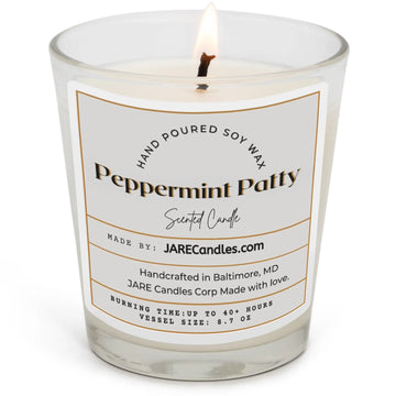 Peppermint Patty soy wax scented candle by JARE Candles, dark chocolate vanilla bean fragrance, straight sided tumbler
