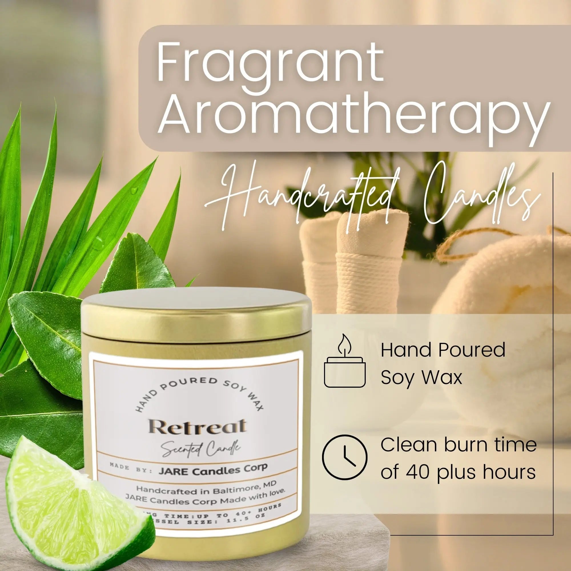Retreat soy candle by JARE Candles surrounded by green leaves, lemongrass patchouli lime aromatherapy candle styled shot
