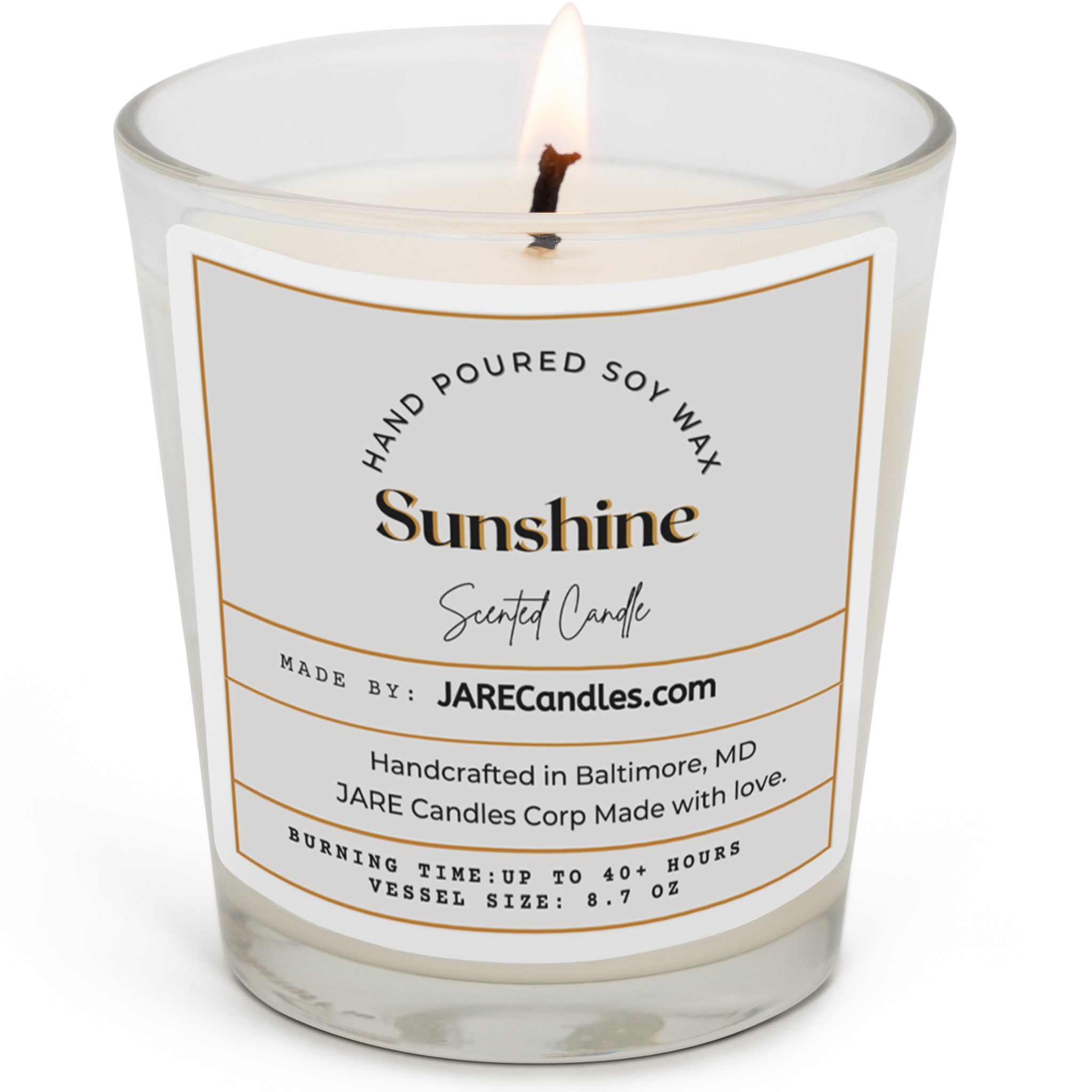 JARE Candles Sunshine soy wax candle with clean front label and visible flame