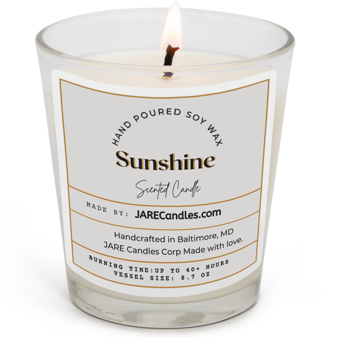 JARE Candles Sunshine soy wax candle with clean front label and visible flame