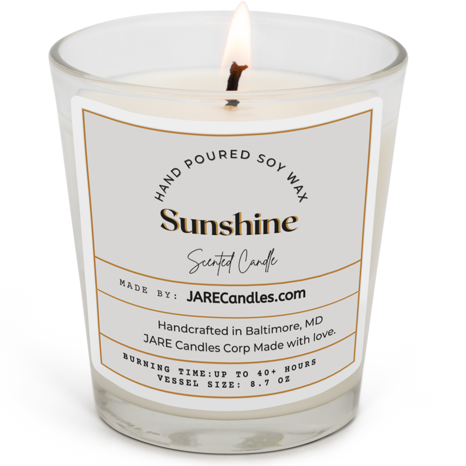 JARE Candles Sunshine soy wax candle with clean front label and visible flame